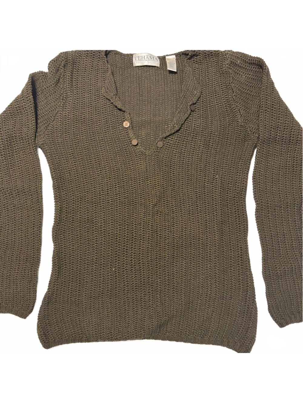 TEHAMA Off-the-Shoulder Olive Green Cotton Knit Sweater V-Neck Boho Small